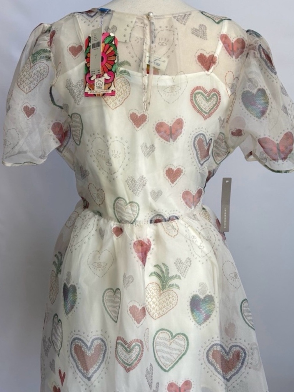 NWT Farm Rio Organza Puff-Sleeve Hearts Eye print Dress, size L - Picture 10 of 15